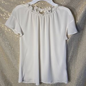 Express off white semi sheer ruffle neck short sleeve shirt collar blouse S